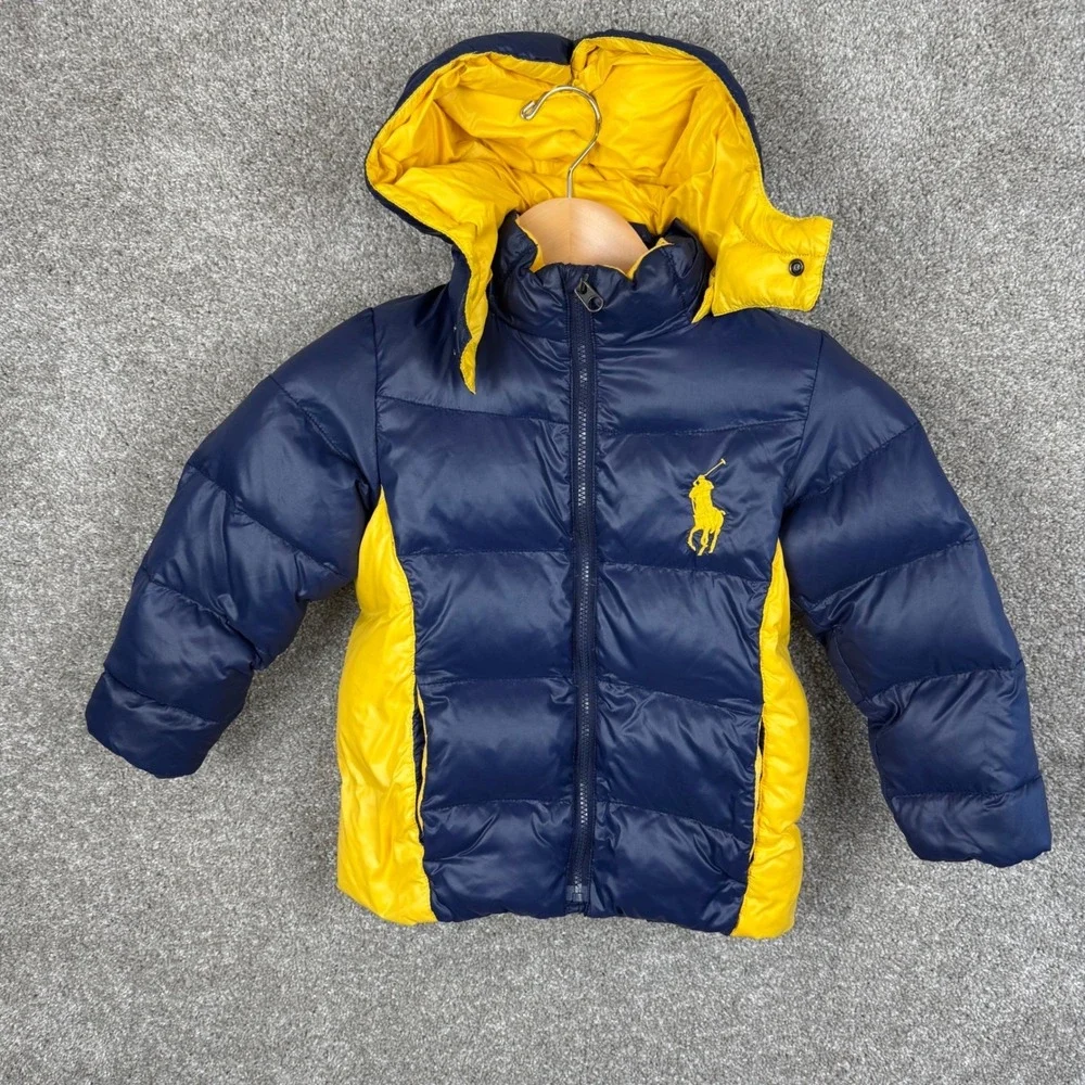 Polo Ralph Lauren Kids Size 6 Navy Yellow Down Puffer Jacket Detachable Hood